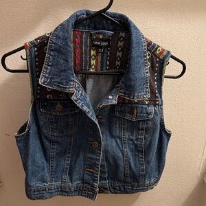 New Look Denim Vest with Vibrant Patterned Shoulders